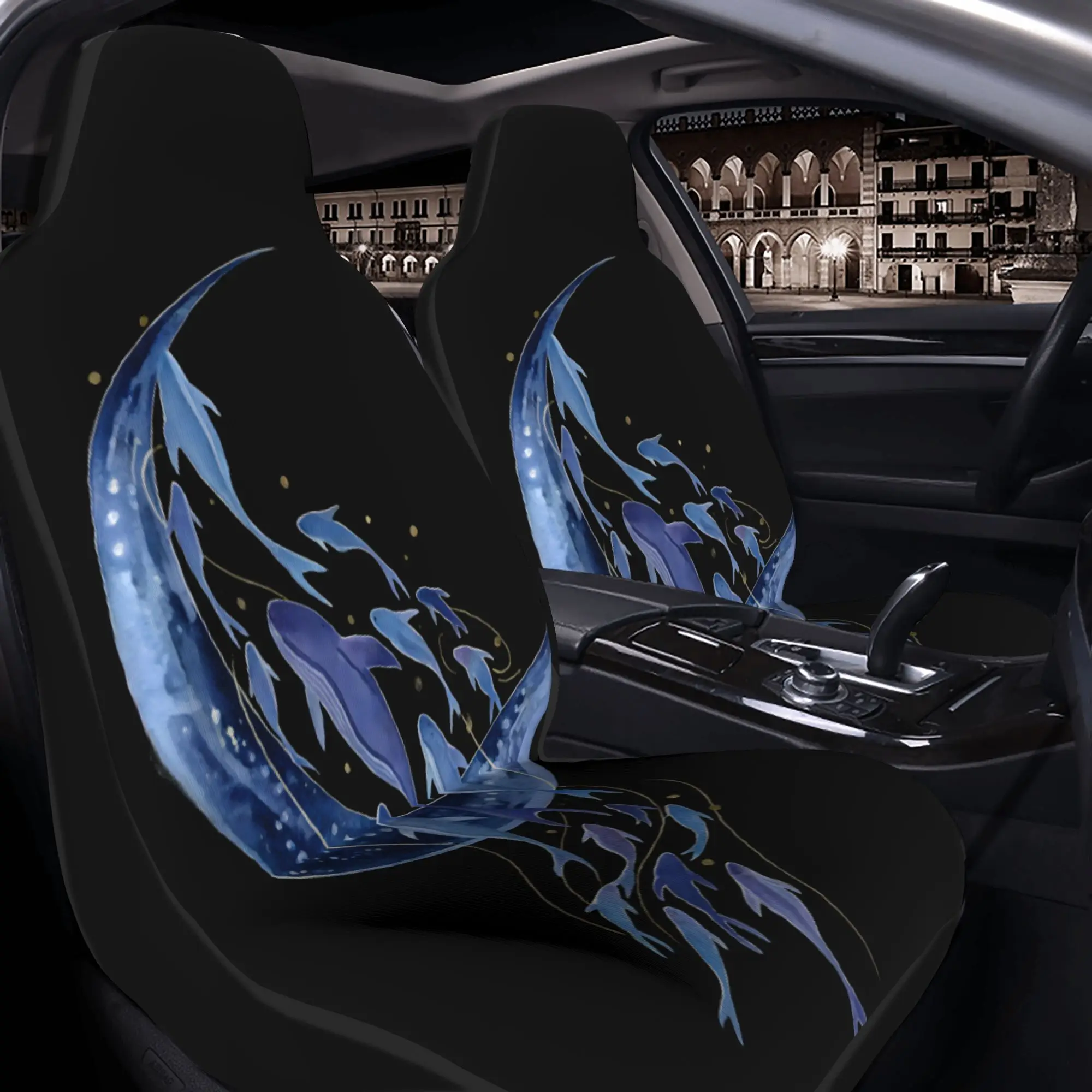 Set Of 2 Glowing Whale And Fish Designs Swimming In A Celestial Blue Environment With Golden Star Dust, Car Seat Covers By Gener