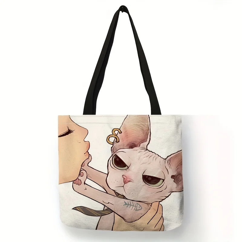 Niedliche Einkaufstasche mit Cartoon-Katzen-Aufdruck, Umhängetasche mit großem Fassungsvermögen, lässige Damenhandtasche für den Einkauf in der Arbeit, in der Schule – Detail 5