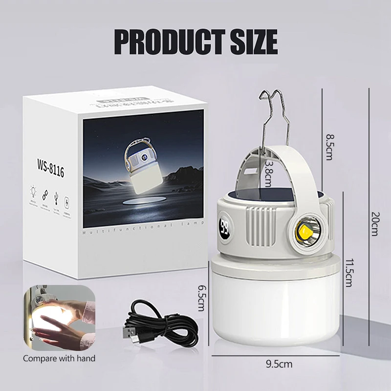 لمبة إضاءة LED تعمل بالطاقة الشمسية USB قابلة لإعادة الشحن للتخييم بقدرة 2400 مللي أمبير في الساعة كشاف خارجي محمول متعدد الاستخدامات مع مصباح يدوي