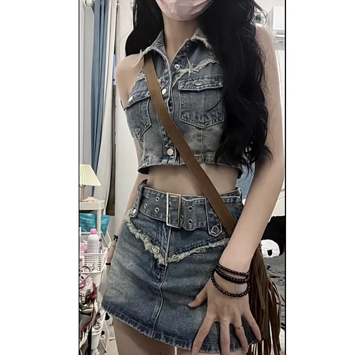 2024 Summer Sleevelss Denim Skirt Suit Woman Vintage Short Cardigan + Elegant Slim Y2k Mini Skirt Korean Fashion Set Female