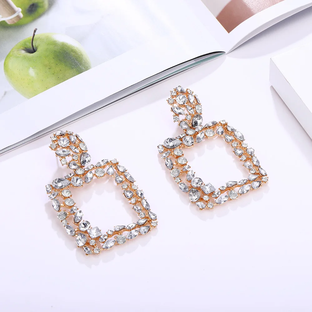 Fashion Exaggerated Geometric Rhinestone Paved Big Earrings, Atmospheric Personality Colorful Clear Square Shape Stud Earrings