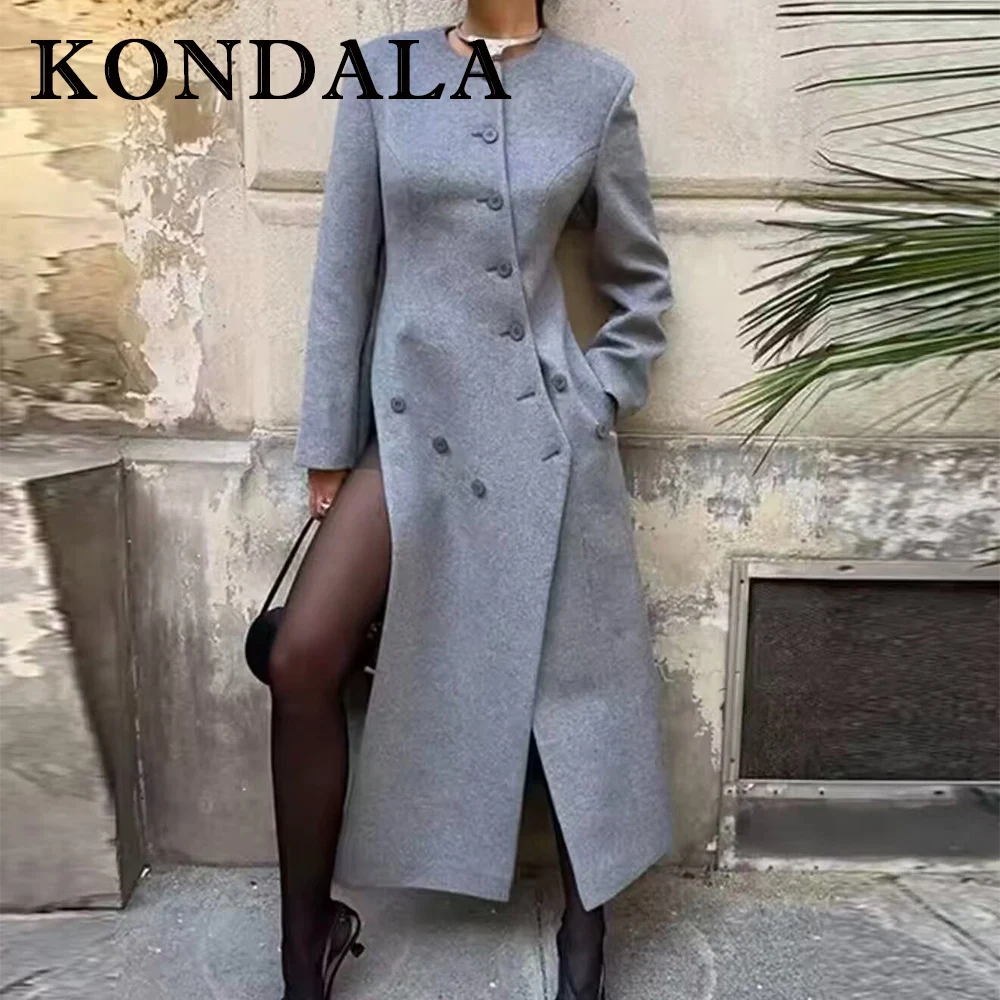 KONDALA Vintage Grey Patchwork Split Sexy High Street Asymmetric Women Long Coat Fashion 2025 Winter Elegant Chic Female Outwear