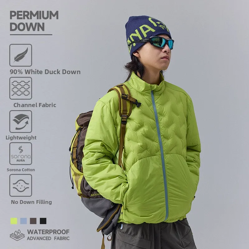 

Новая японская легкая пуховая куртка для активного отдыха, белая, с воротником-стойкой, комбинированная, для мужчин и женщин, парная модель