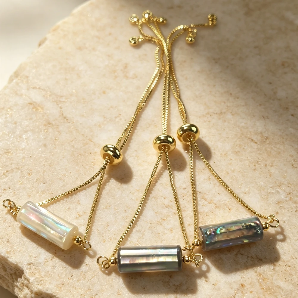 Seed Bead Tube - สร้อยข้อมือผู้หญิงทรงท่อชุบทองทำจากเปลือกหอยเป๋าฮื้อธรรมชาติ แฟชั่น ปรับขนาดได้ เครื่องประดับมือ ของขวัญ รุ่น