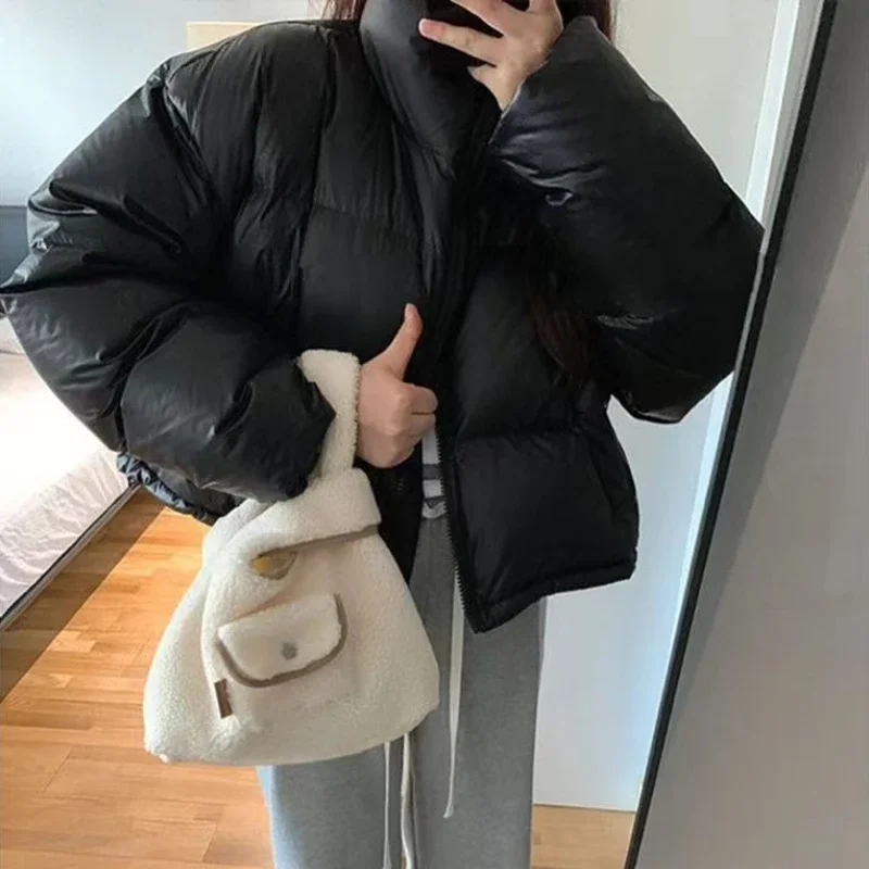 Black Crop Parkas Women Korean Fashion Winter Puffy Coats Warm Stand Collar Simple All-match Female Streetwear Baggy Chic Jacket