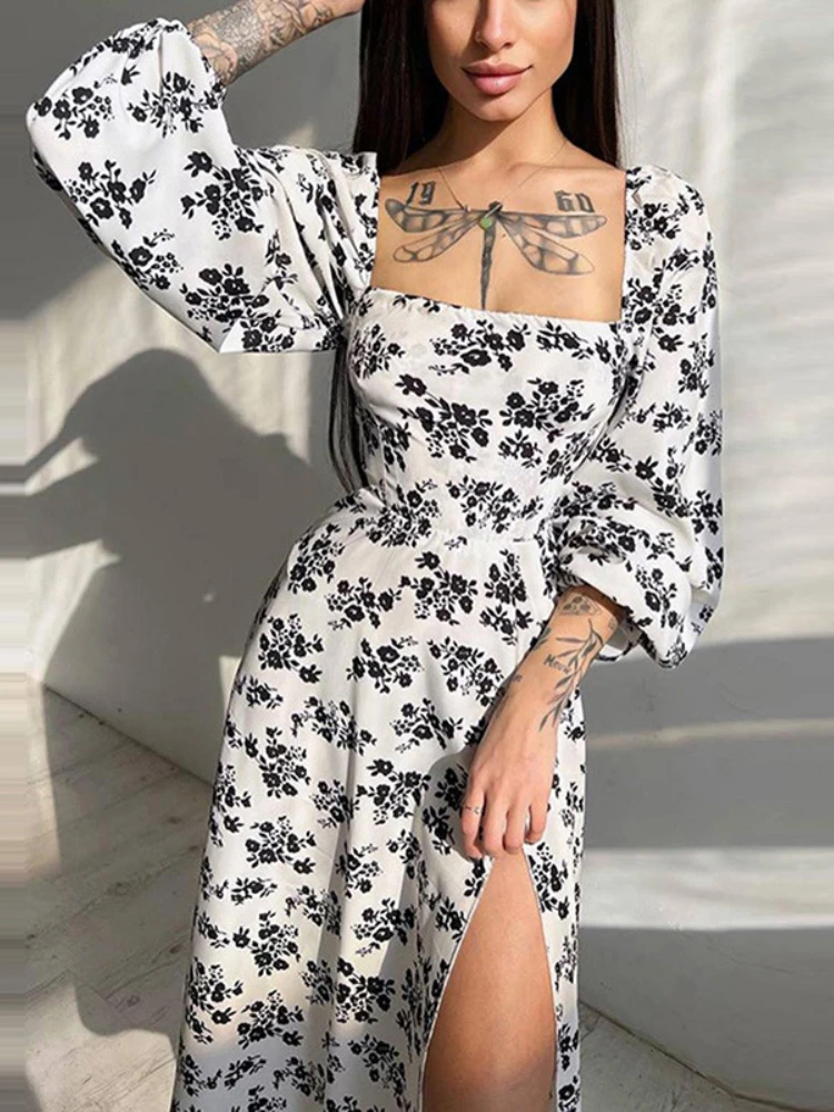 2023 New Floral Print Backless Midi Dress Women Sleeve Lantern Sleeve High Split Lady Elegant Square Collar Casual Long Dress