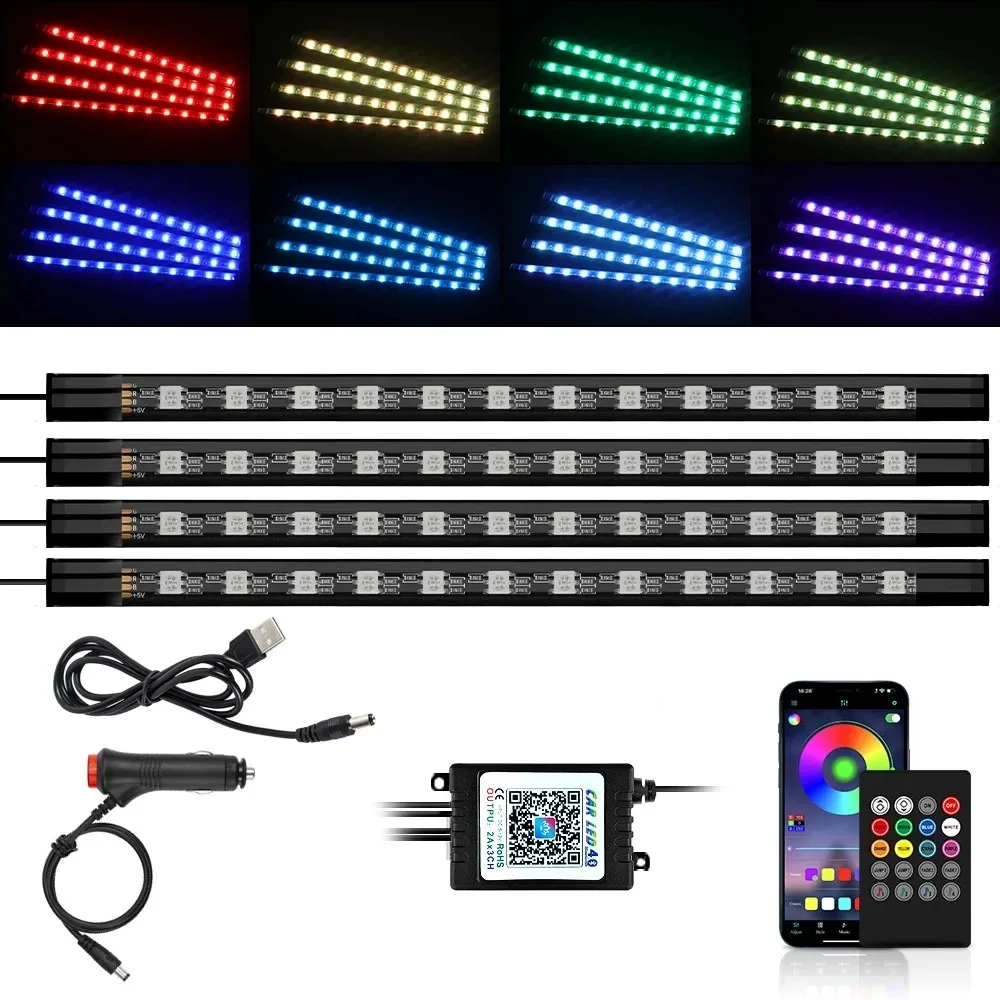 

LED Car 36 48 72 Interior Ambient Foot Light with USB Wireless Remote Music App Control Auto RGB Atmosphere Decorative Lamps