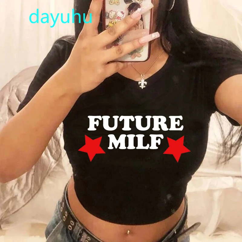 Top corto con estampado de estrellas Milf para mujer, camiseta recortada con gráfico Harajuku, camiseta de manga corta a la moda de verano para mujer, ropa de calle