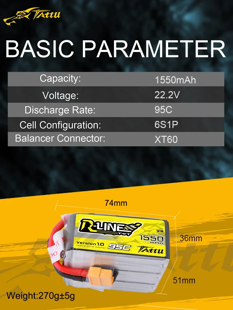 Tattu r-line versi 1.0 V1 650/850/1050/1300/1550/500/550/750/22.2 mAh 95C 2S 4S 6S V Lipo baterai XT30 Plug FPV Racing Quadcopte