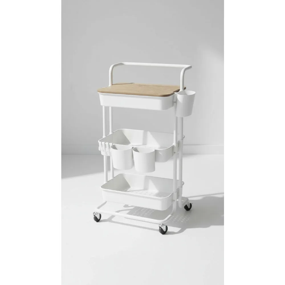 

3-уровневая тележка на колесиках с запираемыми колесами, крышкой и крючками для кухни, ванной комнаты, домашнего офиса, организации