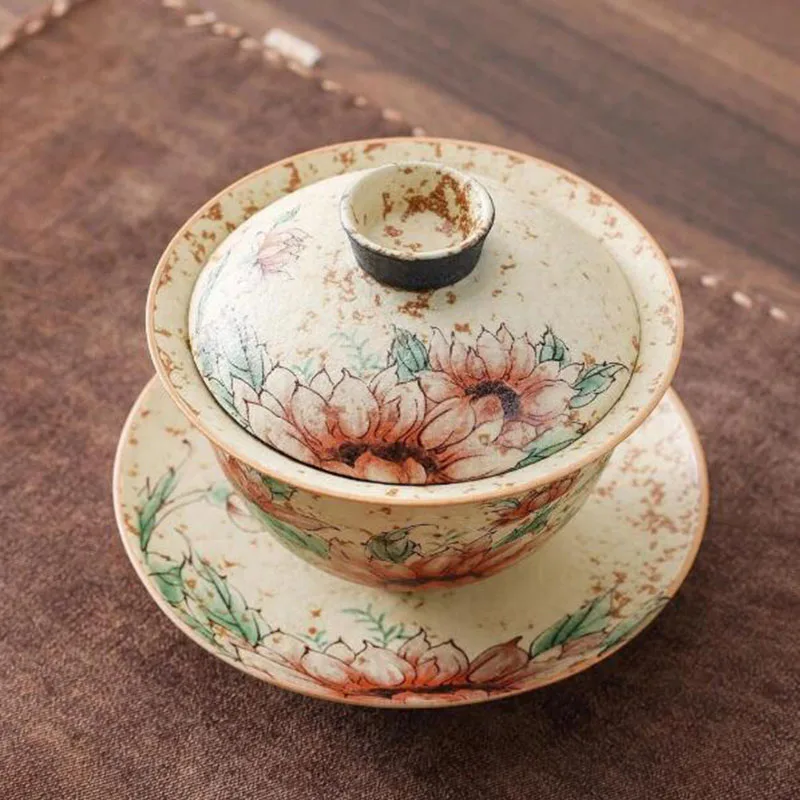 Coarse Pottery Blue and White flint Red Sunflower Pattern Sancai Gaiwan Kungfu Tea Cup Floral Tea Infuser Bowl Kitchen Teaware