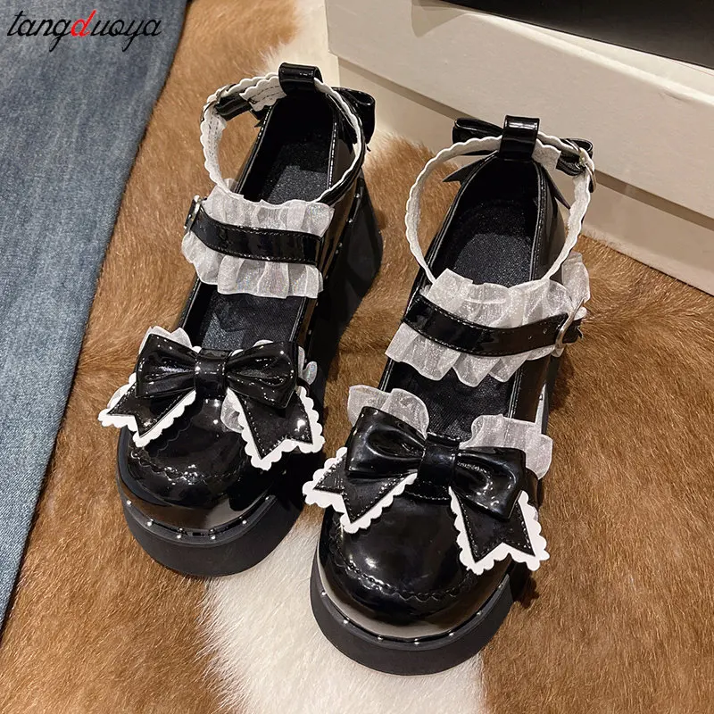 Sweet lace Bowtie Lolita shoes Women Punk Goth Chunky Platform Pumps Woman Heart Ankle Buckle Black cosplay Y2K Mary Jane Shoes