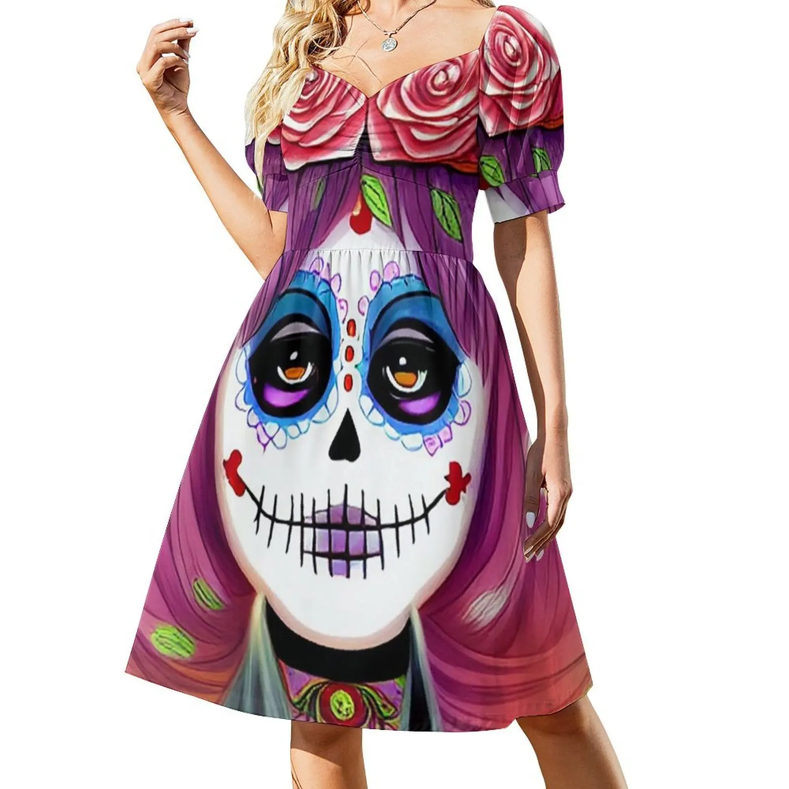 فستان بوهيمي بدون أكمام من Day Of The Dead-Rose Crown متعدد الطباعة لحفلات عطلة الشاطئ فستان السيد يوم الموتى غريب فريد ضياء #2