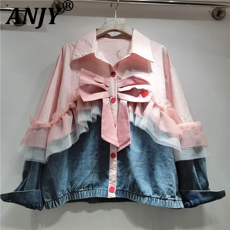 

ANJY Autumn New Women Chic Shirt Denim Patchwork Mesh Contrast Color Long Sleeve Bowknot Single Breasted Sweet Trendy Tops A9392