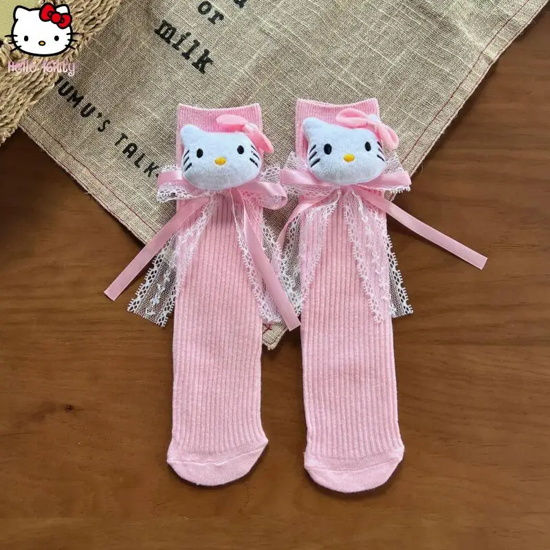

Kawaii Hello Kitty Knee Long Socks Sanrio Anime Kuromi Cinnamorol Girl Jk Lolita Socks Lace Bow Knee Cotton Socks Christmas Gift