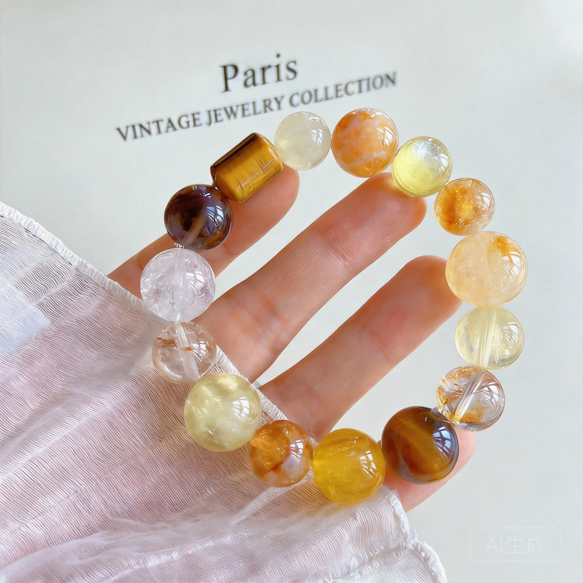Chinese Style Lucky Good Fortune Blessing Wealth Attracting Natural Tiger Eye Stone Gold Foil Glue Flower Citrine Lepidolite 12