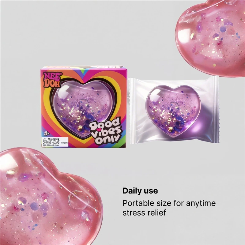 Needoh Good Vibes Only Heart Toy Glitter Translucent Stress Relief Calming Mood Boosting Sensory Fidget Birthday for Adults Gift