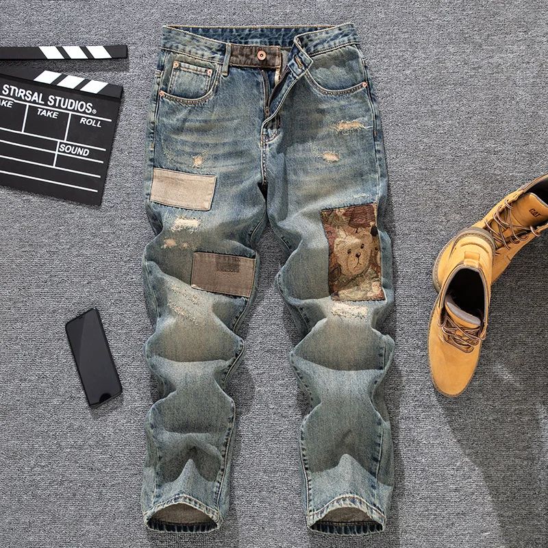 Loose straight leg jeans for men, retro distressed patch, embroidered teddy bear print, Korean fashion pants