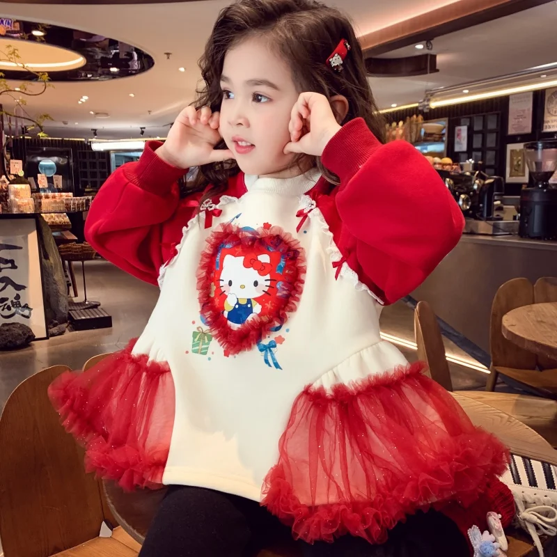 HelloKitty سترة مبطنة بالصوف 2025 جديد الشتاء الأطفال الكورية نمط الكرتون راجلان كم الفتيات شبكة المرقعة البلوز