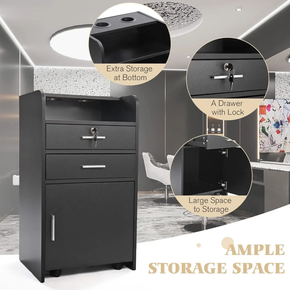 Mobilna stacja fryzjerska z zamkniętą przestrzenią do przechowywania, 2 uchwytami na suszarki i 4 kółkami