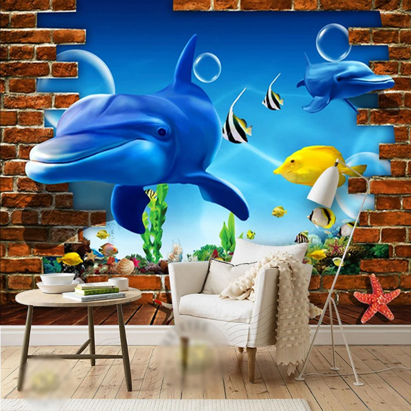3D stereoscopic wallpaper, underwater world dolphin wallpaper, living room sofa, TV, children's room wall decoration wallpaper