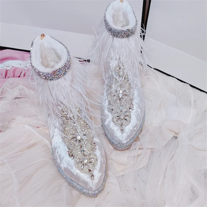 

Luxury hand-made heavy ostrich hair goddess fan fringed rhinestones with raised wedge heel velvet French boots for women