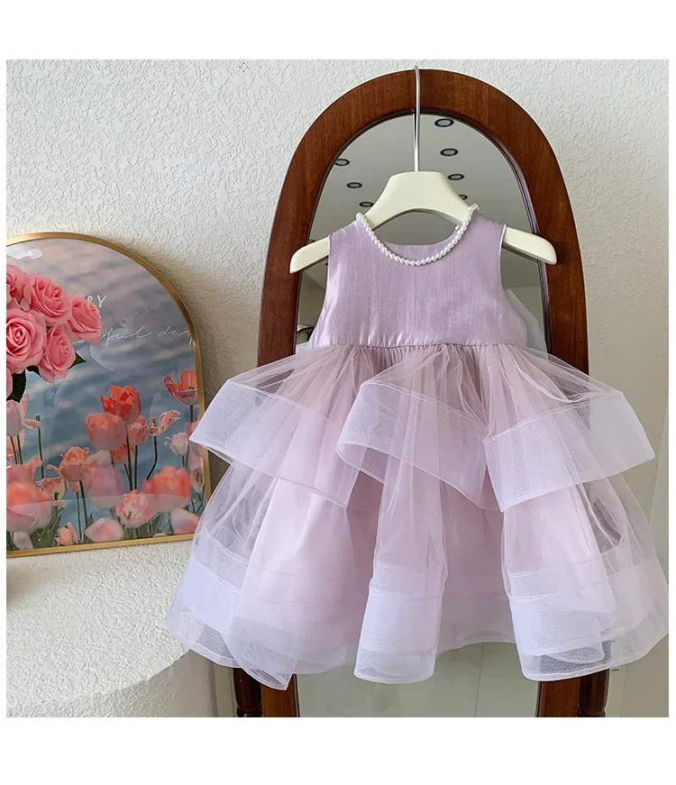 

Гладкий атласный верхний лиф и объемный многослойный тюль, детская элегантная юбка, летнее светло-фиолетовое платье без рукавов для девочек