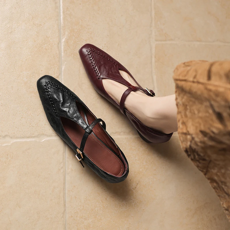 2026 new spring autumn women pumps natural leather plus size 22-26cm sheepskin+pigskin square toe t-buckle women shoes fashion