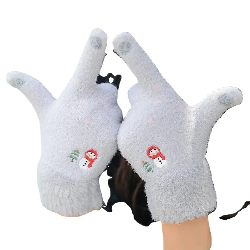 Теплые мягкие пушистые женские перчатки с полным пальцем и сенсорным экраном, милые вязаные перчатки с пятью пальцами и вышивкой снеговика, модные зимние