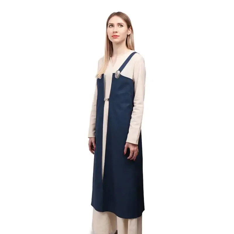 DAZCOS Women's Medieval Linen Apron Renaissance Peasant Over Dress Costume with Brooches Medieval Linen Underdress for Women