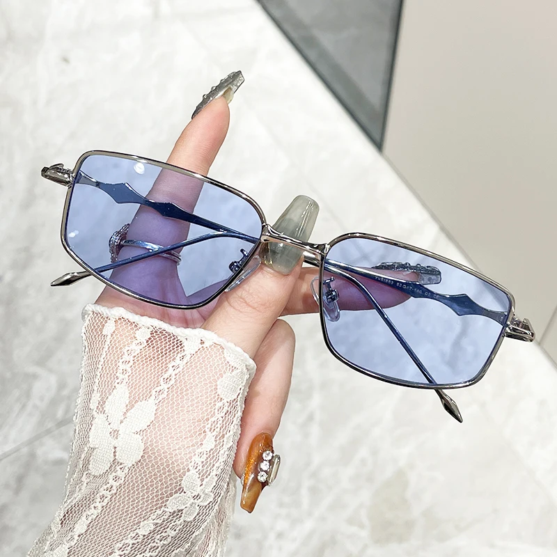 Rectangle Sunglasses Vintage Metal Glasses Frame Women Clear Shades Luxury New Blue Lens Sun Glasses Men Square Eyewear Uv400