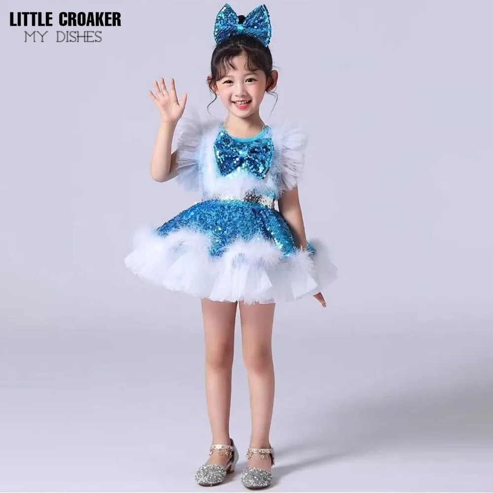 New Children Ball Gown Sequin Kids Bridesmaid Dresses for Girls Wedding Elegant Blue Pink White and Gold Party Dresses for Girl