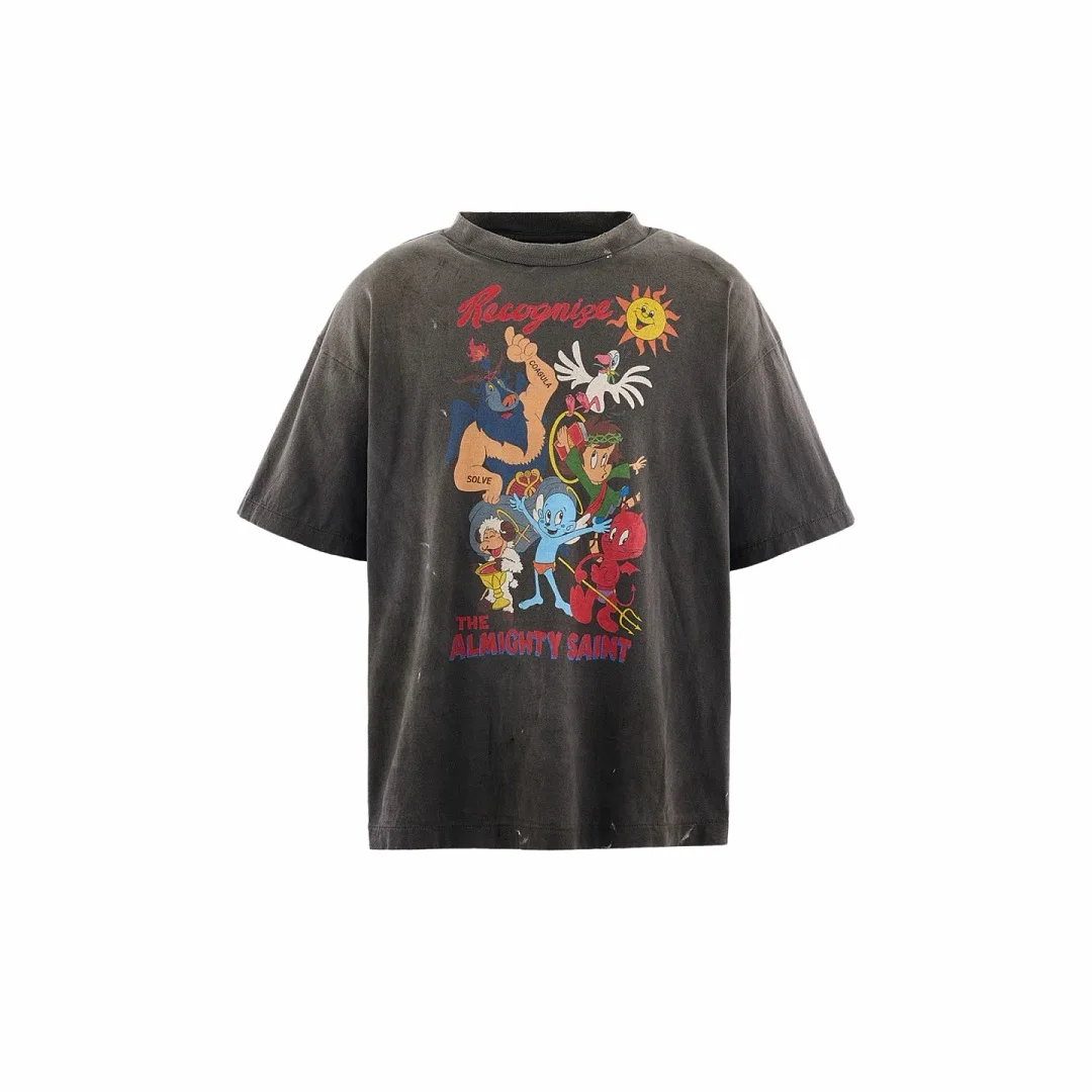 Saint Vintage Washed T Shirt Retro Cartoon Devil Angel Graphic Distressed Oversized Heavy Cotton Y2K Streetwear Short Sleeve Tee