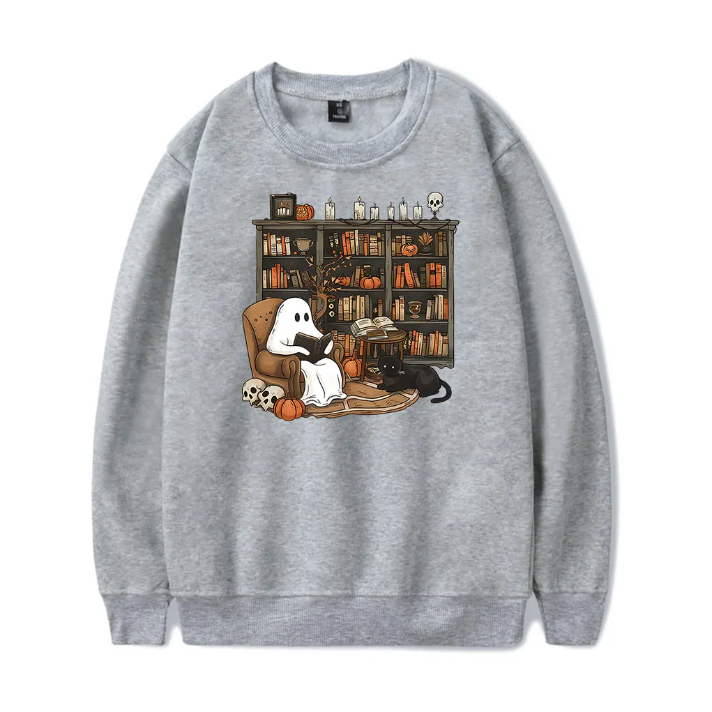 Retro Ghost Reading Books sweatshirt met ronde hals en lange mouwen Casual sweatshirt heren/dames herfsttrui