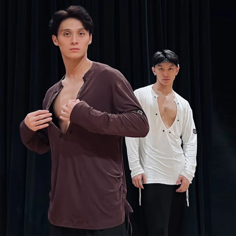 

Men Long Sleeves Latin Dance Tops Adults V-Neck Ballroom Dance Training Top Male Rumba Chacha Modern Dancing Wear SL12929