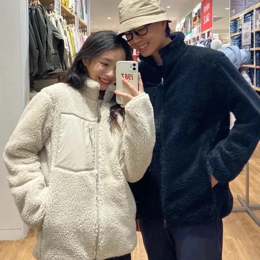 Fleece Lined Lamb Fur Jacket, Loose Long Sleeve Thick Winter Zipper Coat for Couples Casual Outwear, Warm Daily Wear for Men