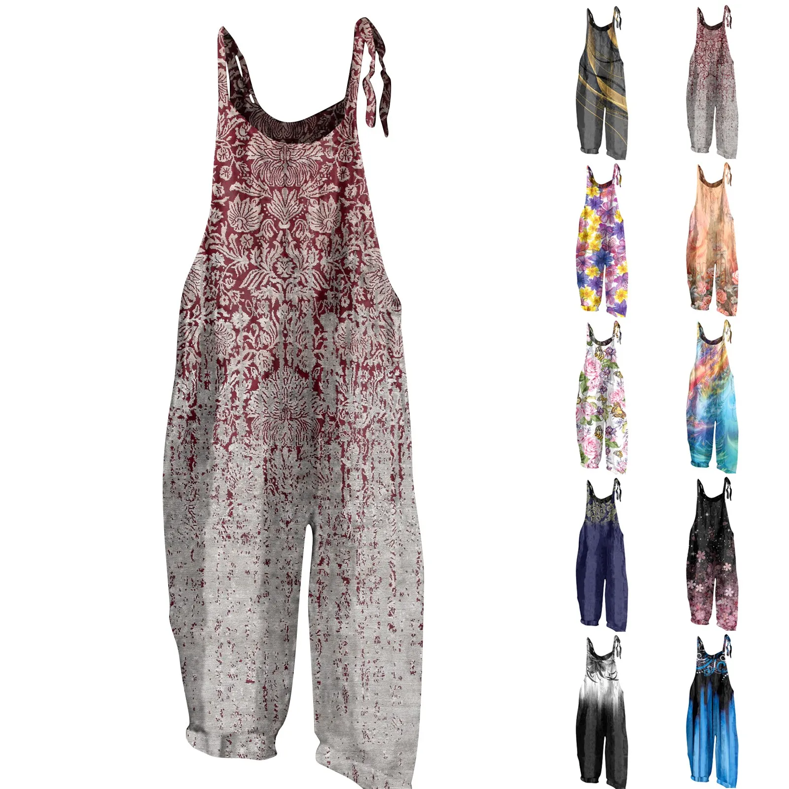 2023 Women Loose Casual Bib Overalls Cotton Linen Rompers Fashion Pockets Long Jumpsuits Wide Leg Strappy Dungarees