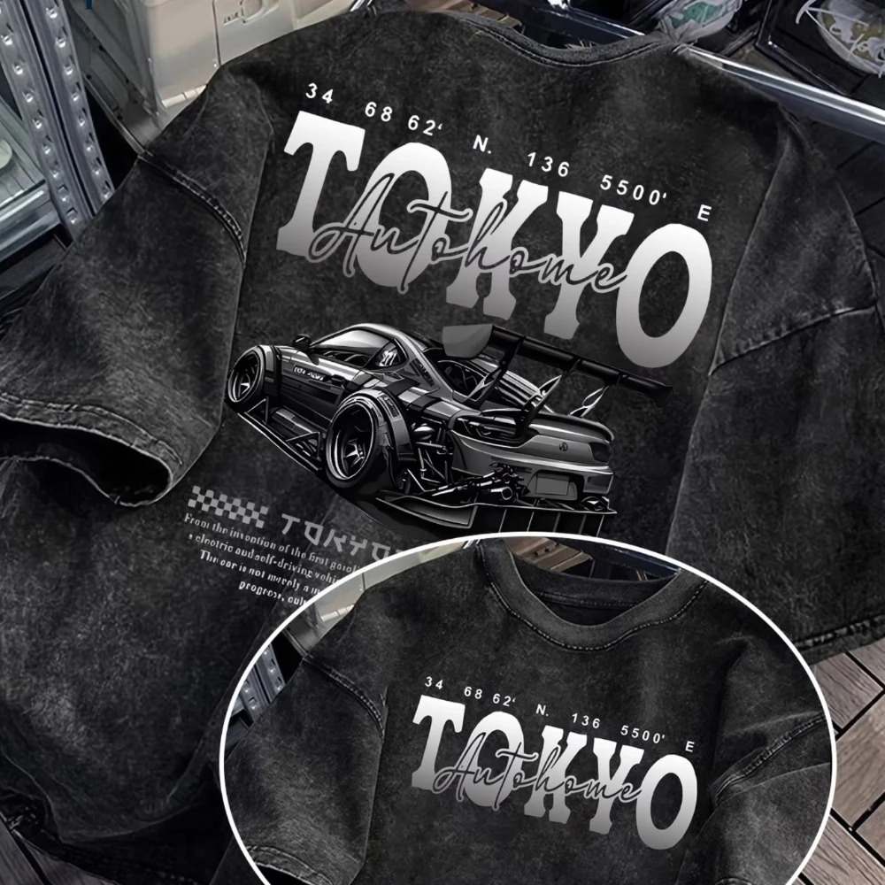 Men's Women Oversized Vintage Streetwear Japanese Sports Car Print Street Racing Style Loose Fit Washed T-Shirt Tee Casual Trend