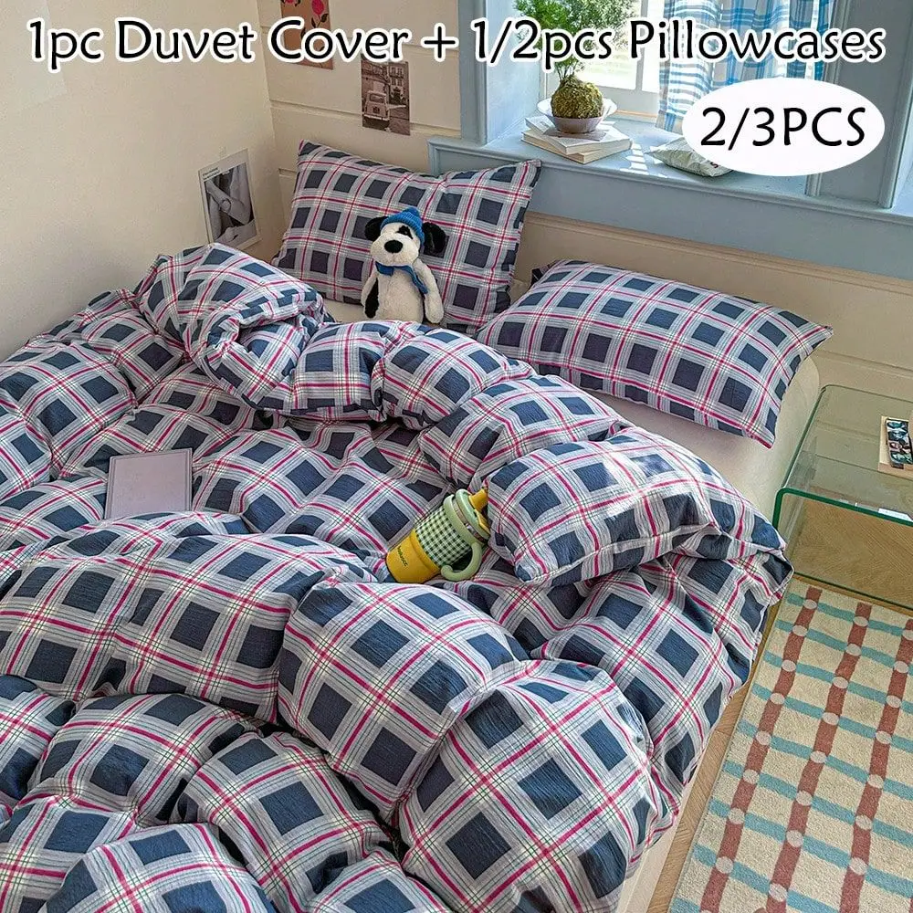

3pcs Blue Plaid Polyester Duvet Cover Set, Modern Minimalist Bedding Set Suitable For Dorm, Guest Room, All Seasons, Soft, Brea