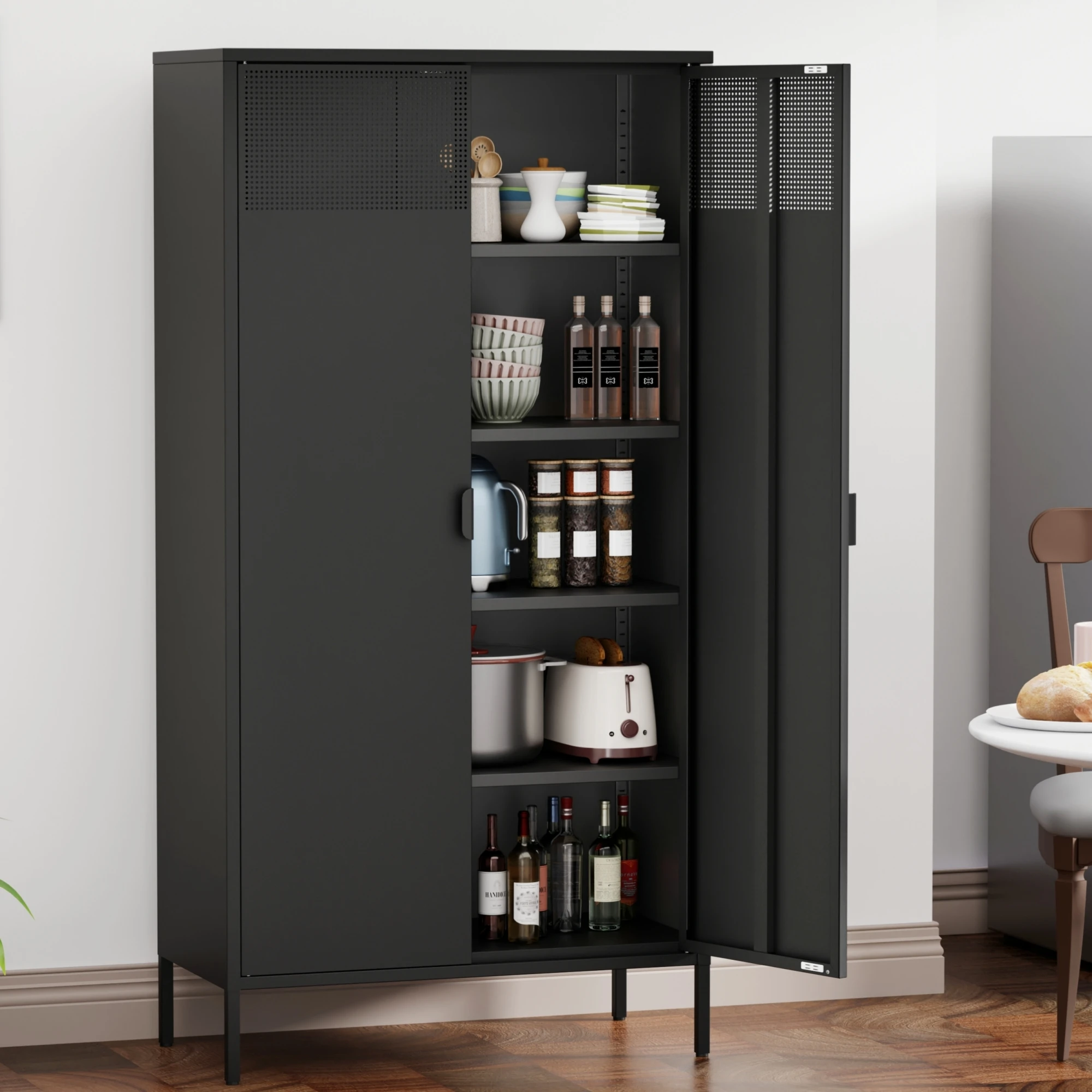 71 Inches Black Metal Storage Cabinet with Doors , Metal Cabinet for Home Office, Dinning Room, Laundry Room, Living Room.