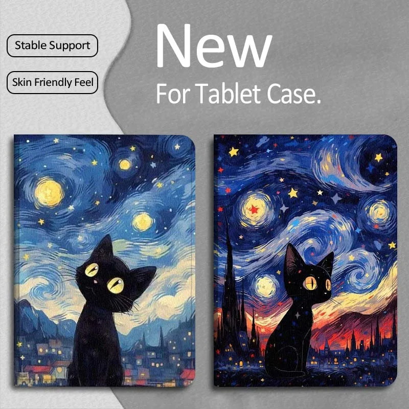 

Starlit Sky Oil Painting Cat Gift For Apple iPad Pro Air 13 2 7th 6th 2025 M2 M3 M4 M512.9 13 inch Foldable Tablet Case