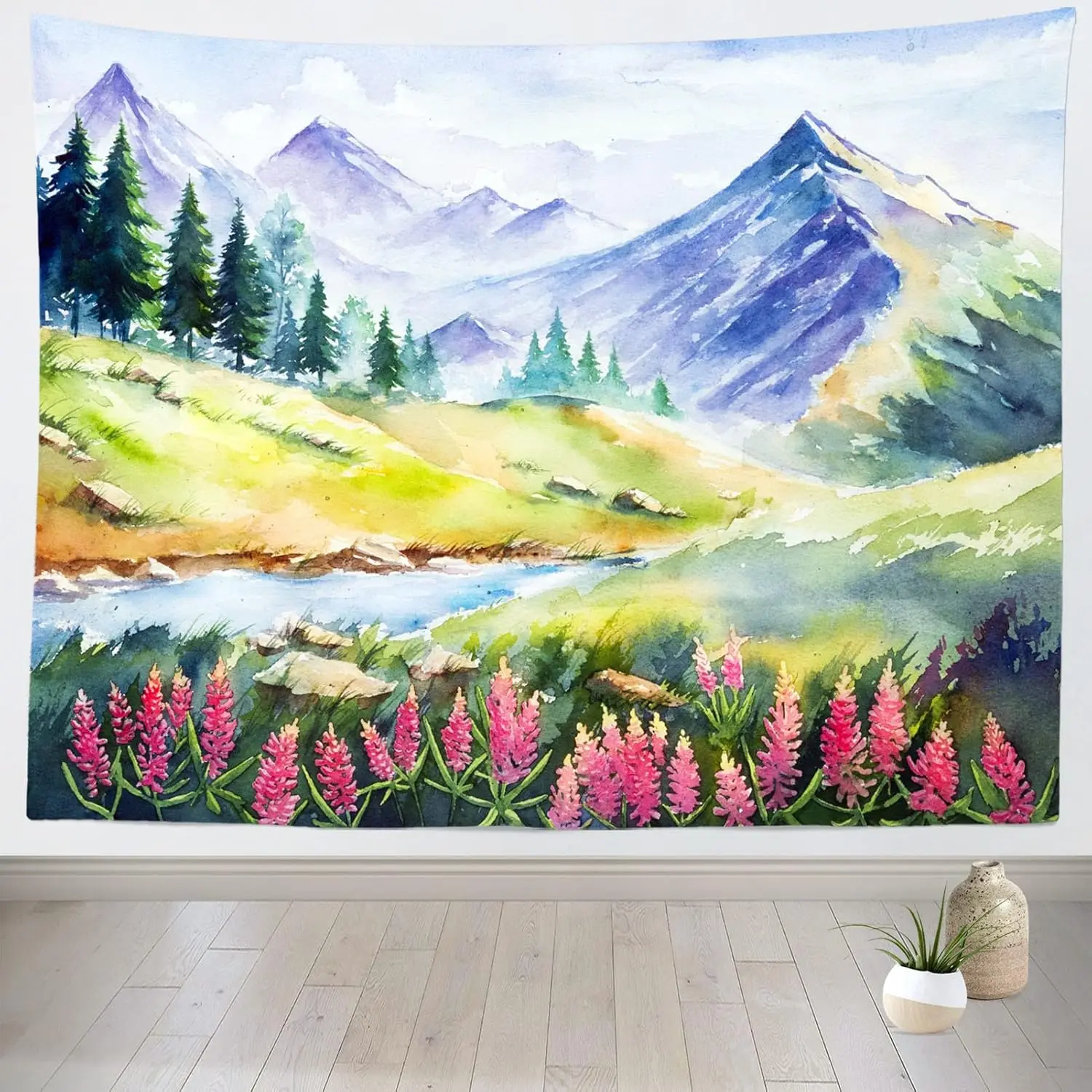 Berg-Wandteppich mit Aquarell-Motiv, Frühlingslandschaft, Berg-See-Wald-Wandteppiche, Natur-Wandkunst für Zuhause, Büro, Wohnheim