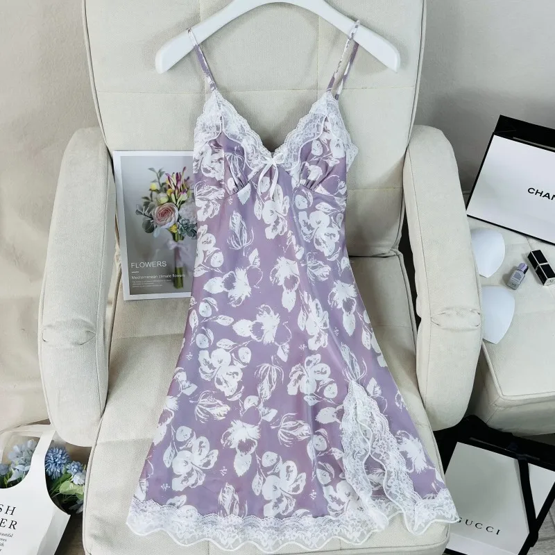 Suspender Nightgown Dress Women Chemise Sleepwear Nightdress Print Flower Nightwear Dressing Gown Satin Home Wear Loungewear