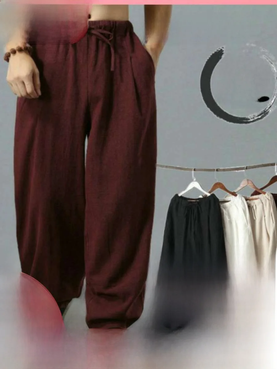 

New Spring Summer Cotton Linen Loose Wide Leg Lantern Pants Men's Zen Style High Waist Long Trousers Comfortable Casual Jeans