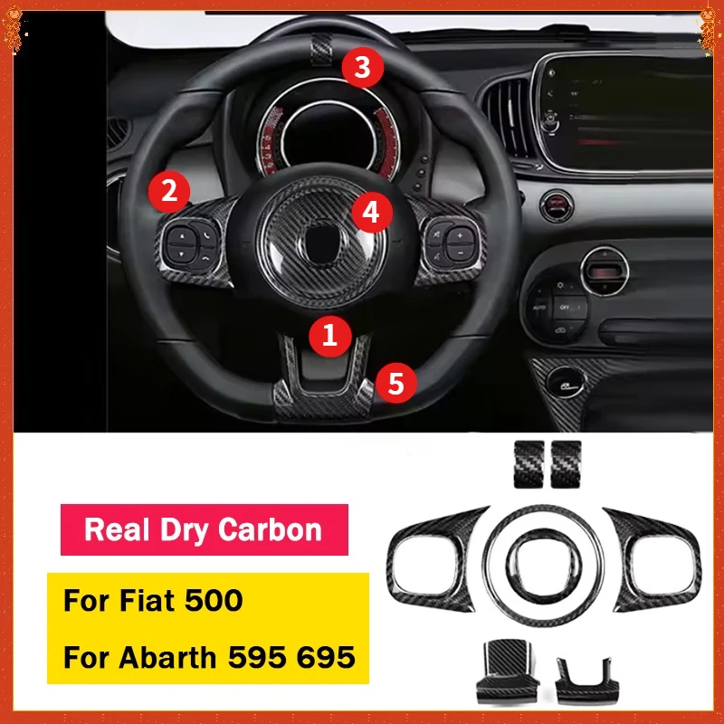 

For Fiat 500 For Abarth 595 695 Real Dry Carbon Fiber Sticker Steering Wheel Bottom ring Frame Trim 20-2023 Interior Accessories