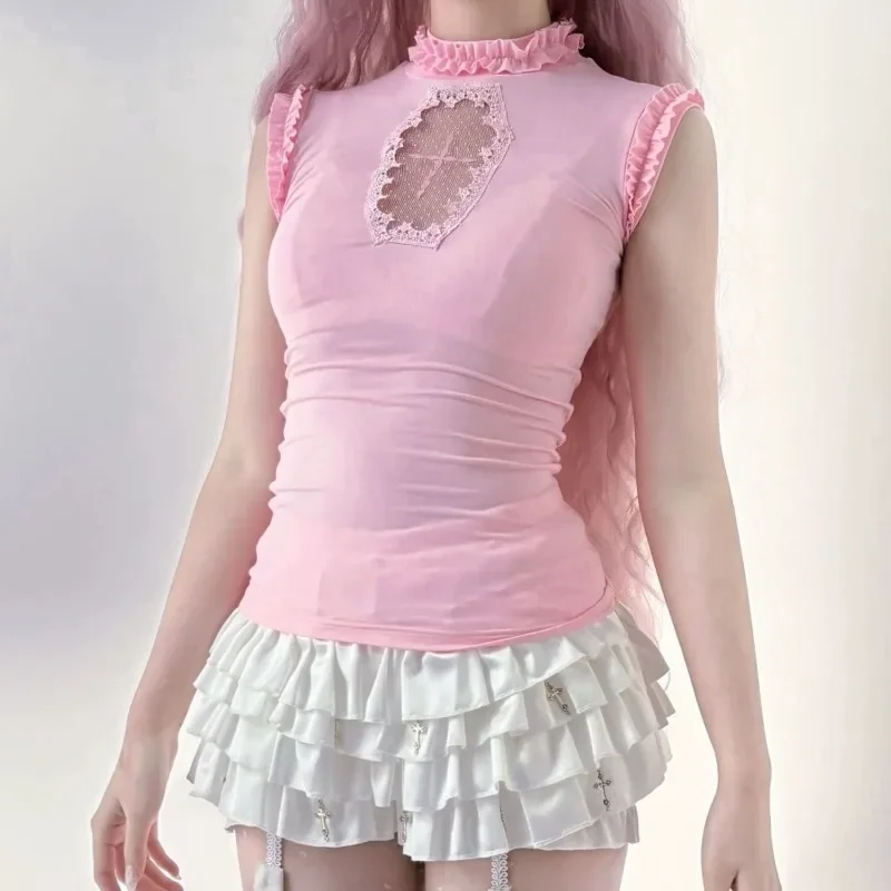 Estate Sexy Scavato Cutecore Rosa Blu Top Senza Maniche Casual T-shirt Donna Harajuku Y2K Vintage Punk Gotico Top in Cotone