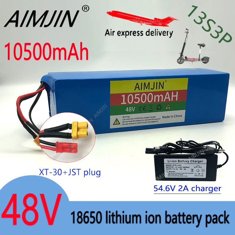 AIMJIN 48V Li-Ion battery 48V10.5Ah1000W13S3P Li-Ion battery pack,for 54.6V Citycoco BMS electric scooters+Charger XT30 JST Plug