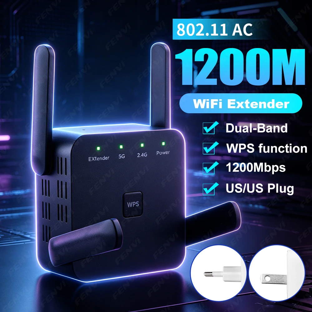 AC1200 WiFi Repeater Dual Band 2.4G/5GHz Wireless Range Extender Signal Booster 1200Mbps with WPS EU/US Plug for Home Router