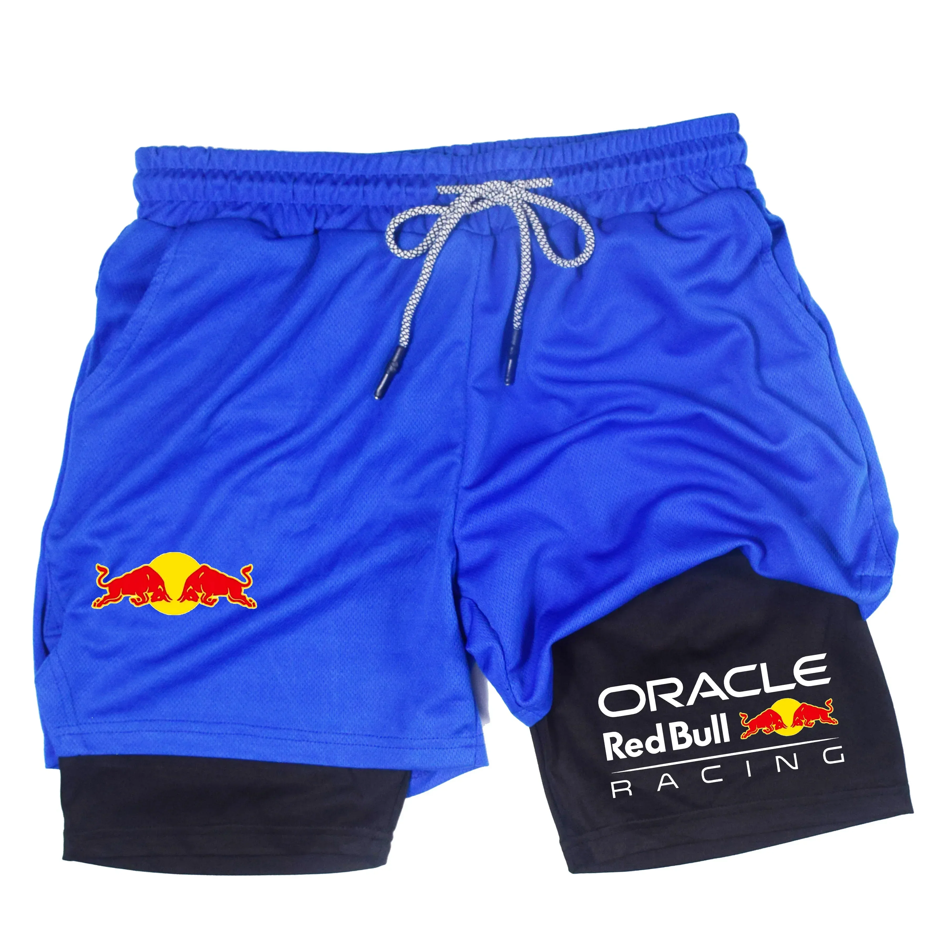 Шорты Red Bull 2025 года и мужские узкие шорты для бега «два в одном» с чехлом для телефона для летних спортивных брюк