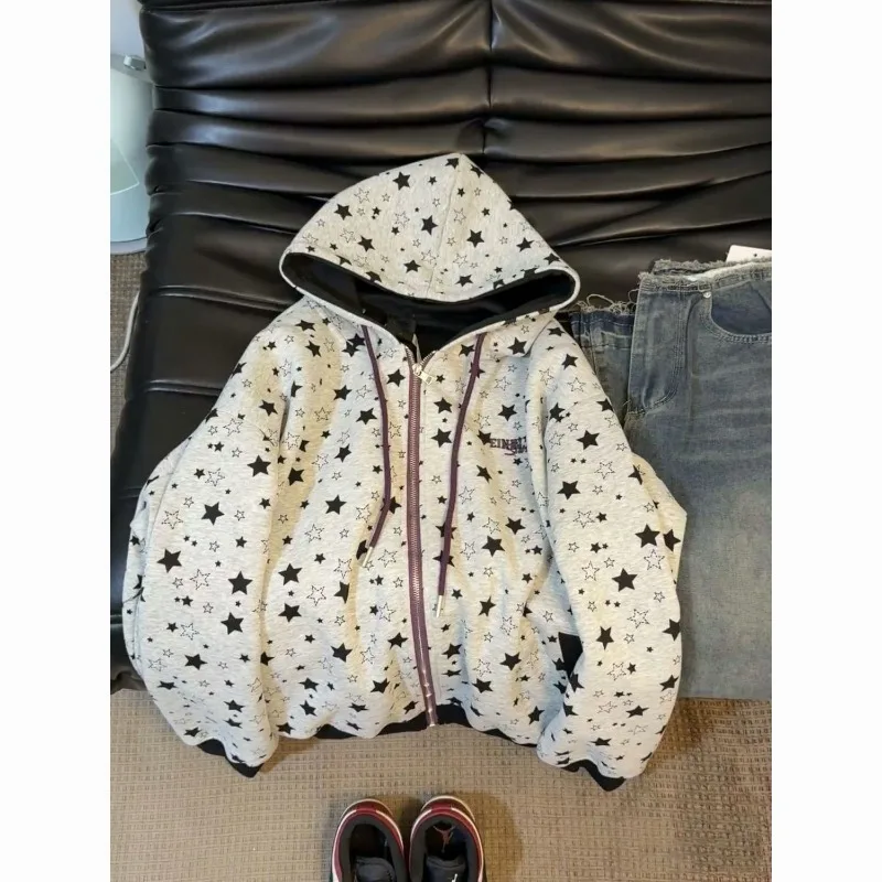 

American Retro Star Print Gray Hooded Sweatshirt for Women Autumn and Winter Loose Casual Cardigan Zipper Jacket Top